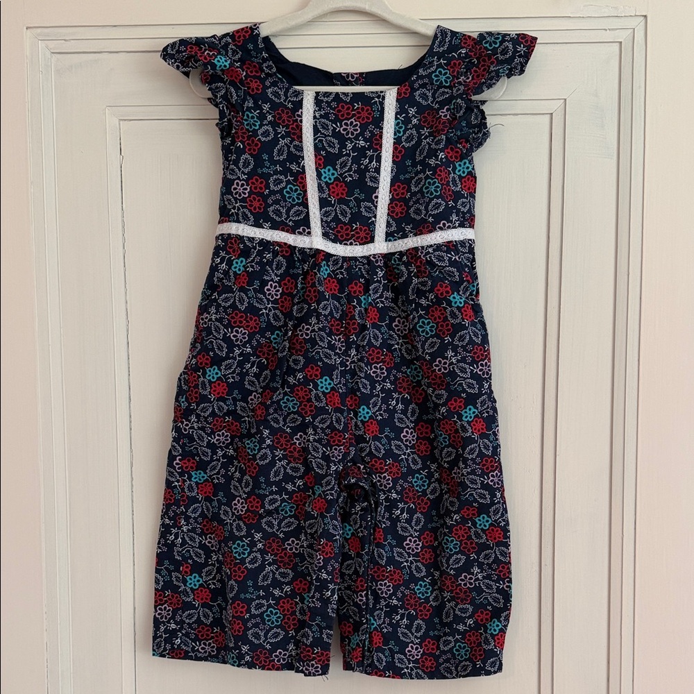 Janie and Jack Navy Floral Romper with Red and Teal Flowers